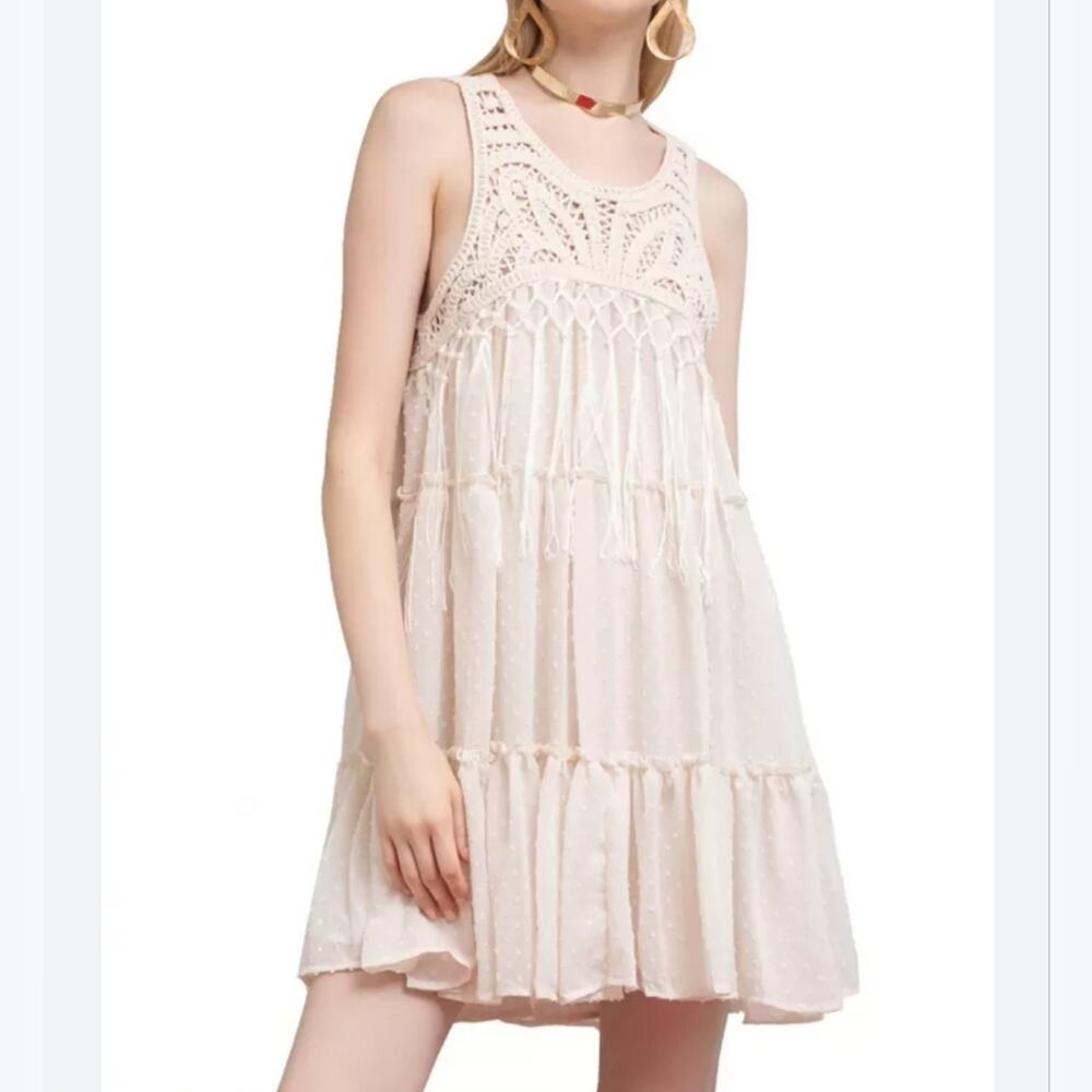 Sz Sm ZARA Cream Macrame & Fringe Swiss Dot Sleeveless Tiered Dress